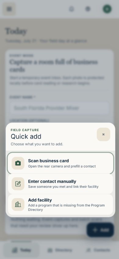 Teryli mobile Quick Add menu over Event Mode with the Scan business card action selected