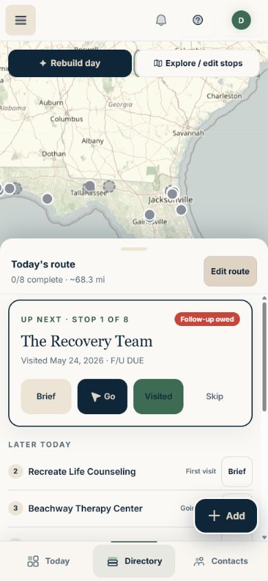 Teryli mobile Today's route screen showing the next stop and Brief, Go, Visited, and Skip actions